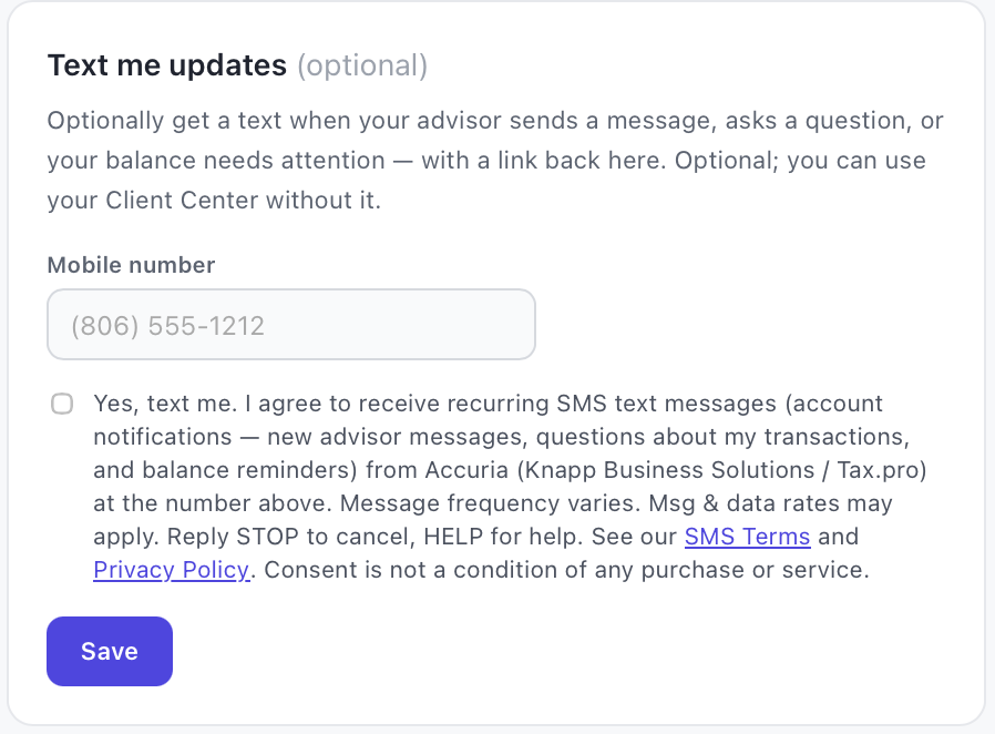 Accuria Client Center — Text me updates SMS opt-in form